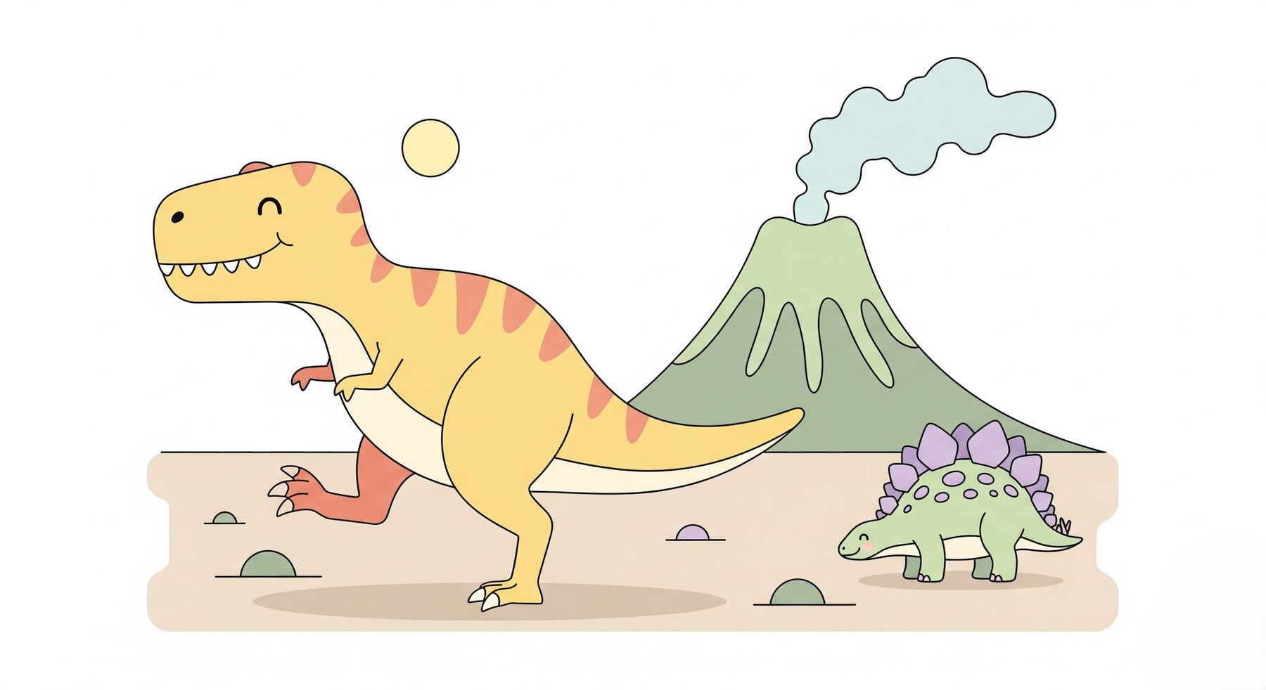 Detailed dinosaur mural wallpaper design pattern featuring T-Rex, Stegosaurus and volcano by Kids-Mundo
