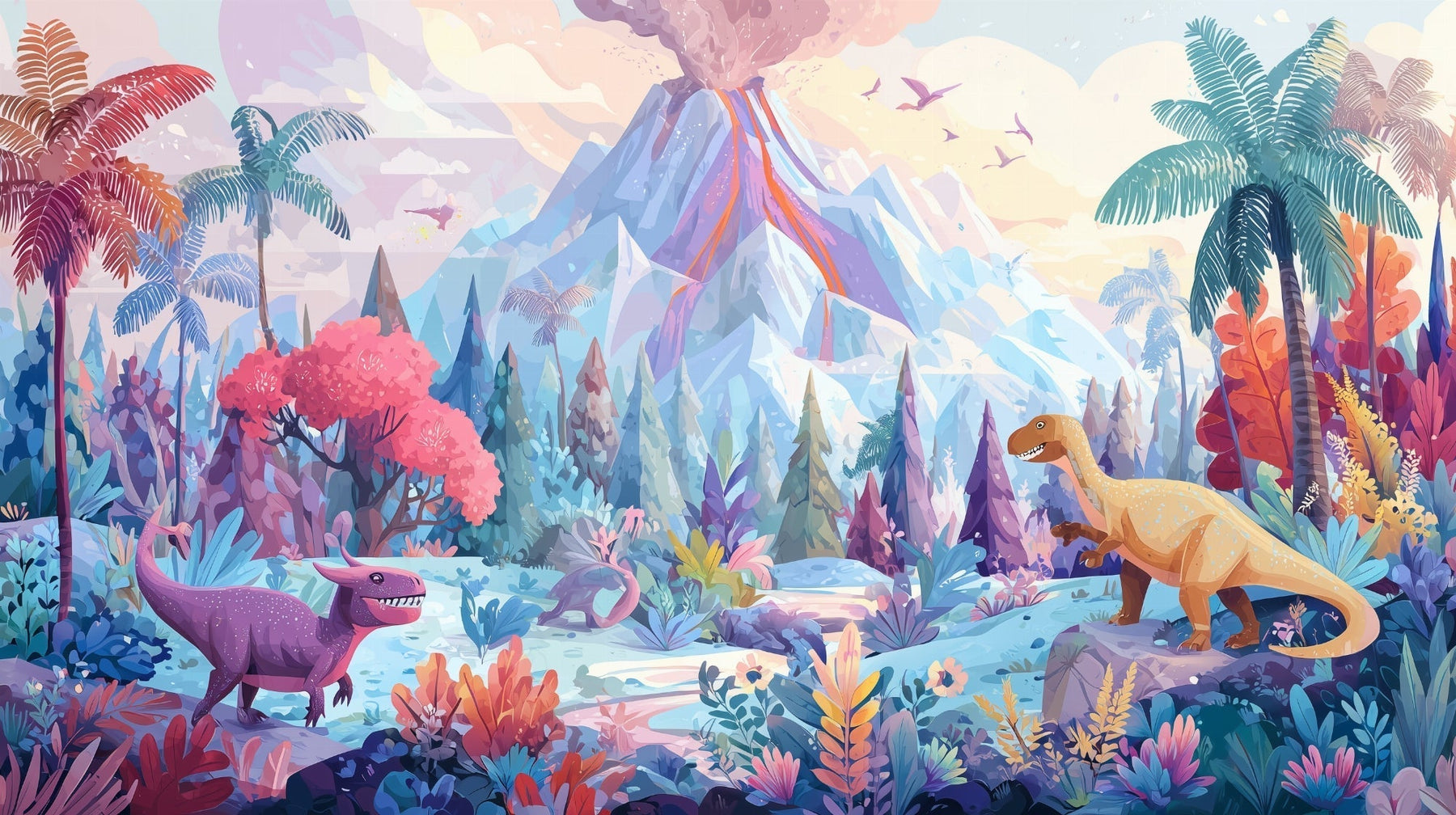 Detailed tropical dinosaur volcanic jungle mural wallpaper design pattern by Kids-Mundo