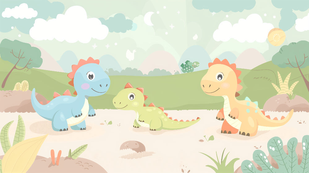 Detailed cute dinosaur mural wallpaper design pattern with pastel mountains by Kids-Mundo
