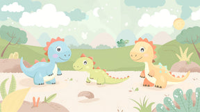 Detailed cute dinosaur mural wallpaper design pattern with pastel mountains by Kids-Mundo