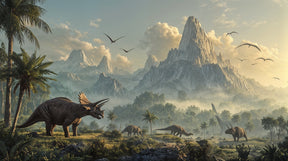 Detailed prehistoric dinosaur mural wallpaper design pattern with lush landscape by Kids-Mundo