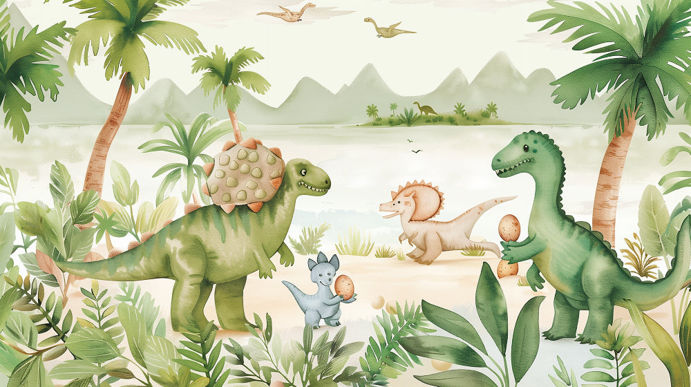 Detailed friendly dinosaur jungle mural wallpaper design pattern with green foliage by Kids-Mundo
