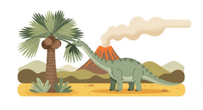 Detailed prehistoric dinosaur mural wallpaper design pattern with palm tree and volcano by Kids-Mundo