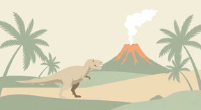 Detailed dinosaur mural wallpaper design pattern showing T-Rex volcano landscape by Kids-Mundo