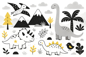 Detailed dinosaur mural wallpaper design pattern with prehistoric creatures and botanical elements by Kids-Mundo