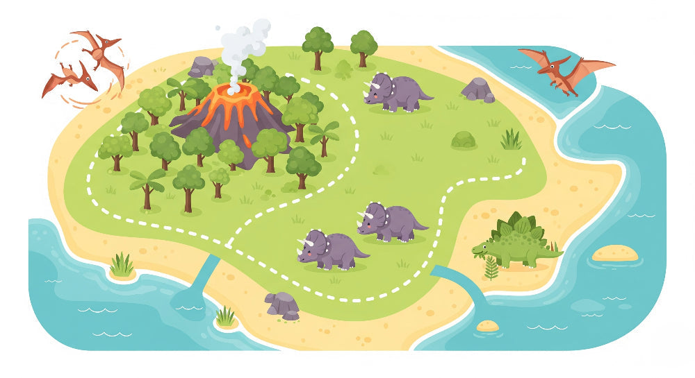 Detailed prehistoric island dinosaur mural wallpaper design pattern with triceratops and volcano by Kids-Mundo