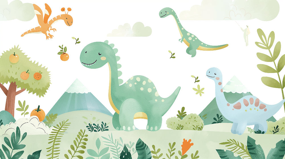 Detailed happy dinosaur mural wallpaper design pattern with green landscape by Kids-Mundo