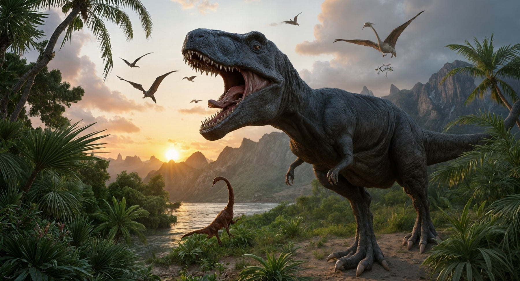 Detailed dinosaur mural wallpaper design pattern showing prehistoric creatures and tropical landscape by Kids-Mundo