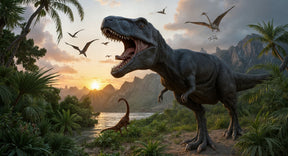 Detailed dinosaur mural wallpaper design pattern showing prehistoric creatures and tropical landscape by Kids-Mundo