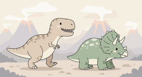 Detailed friendly dinosaur mural wallpaper design pattern with T-Rex and Triceratops by Kids-Mundo