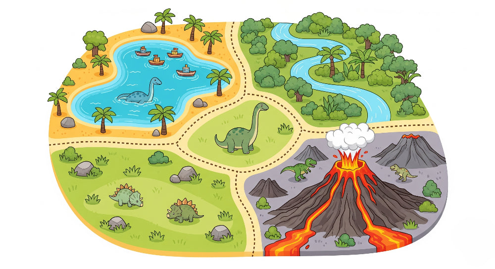 Detailed prehistoric island dinosaur mural wallpaper design pattern with four zones by Kids-Mundo