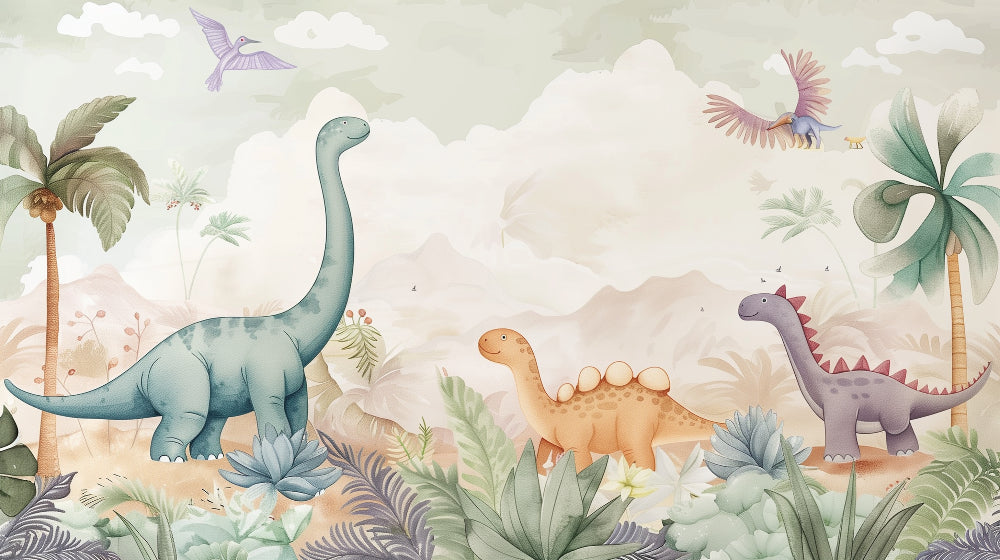 Detailed happy dinosaurs exotic landscape mural wallpaper design pattern by Kids-Mundo