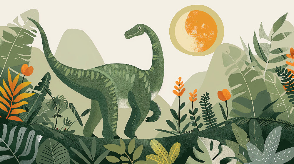Detailed Diplodocus dinosaur mural wallpaper design pattern with tropical jungle by Kids-Mundo