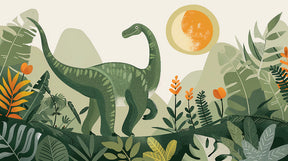 Detailed Diplodocus dinosaur mural wallpaper design pattern with tropical jungle by Kids-Mundo