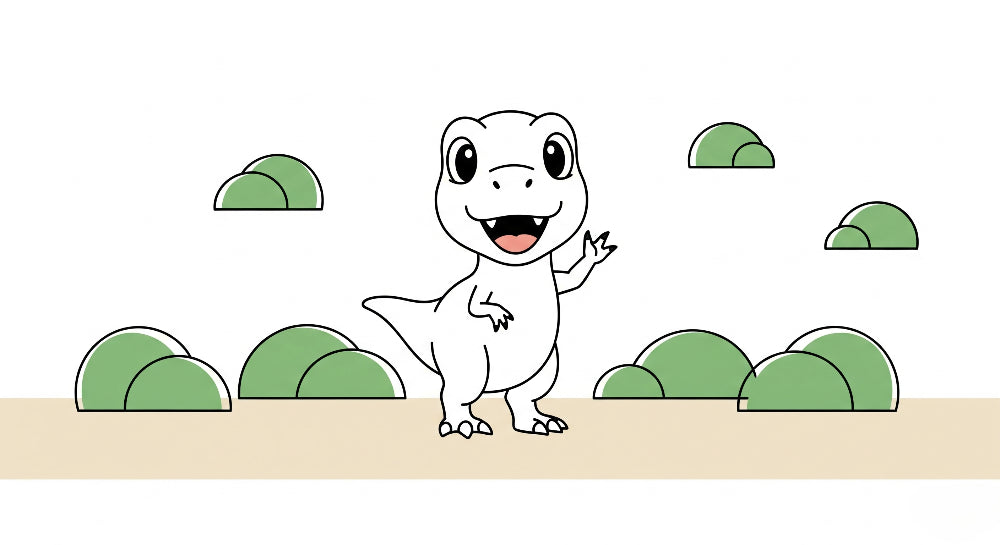 Detailed cute dinosaur mural wallpaper design pattern with friendly dino and green hills by Kids-Mundo
