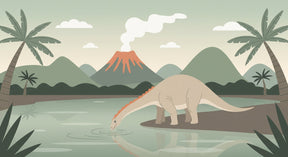 Detailed prehistoric dinosaur mural wallpaper design pattern with lake and volcano by Kids-Mundo