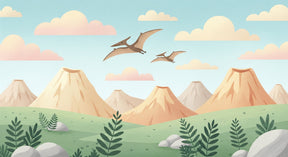 Detailed pterosaur dinosaur mural wallpaper design pattern with mountains and tropical plants by Kids-Mundo