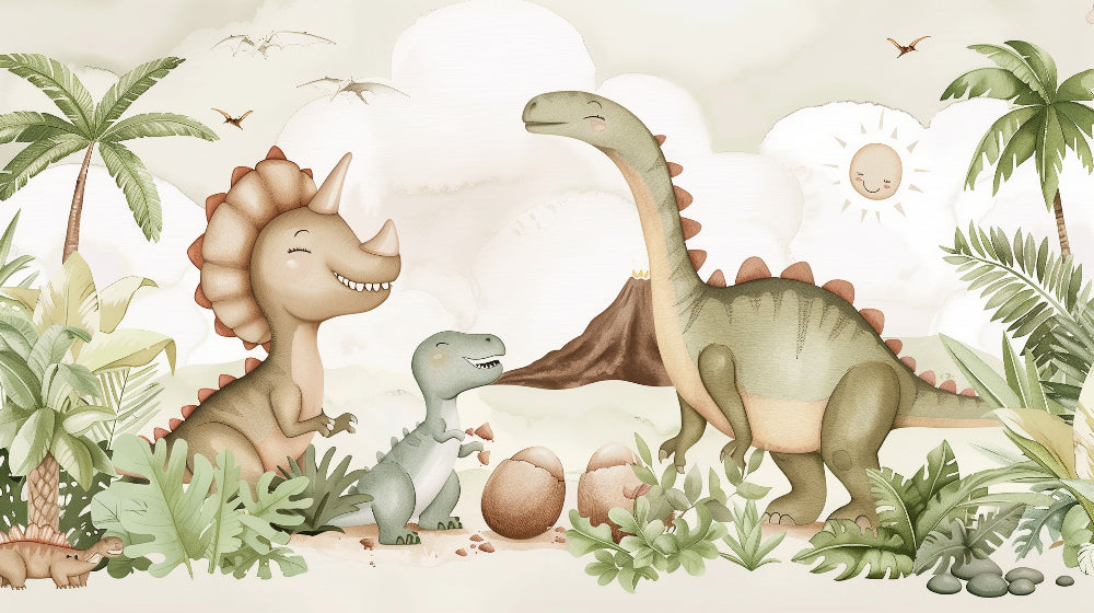 Detailed happy dinosaur mural wallpaper design pattern with multicolored prehistoric creatures by Kids-Mundo