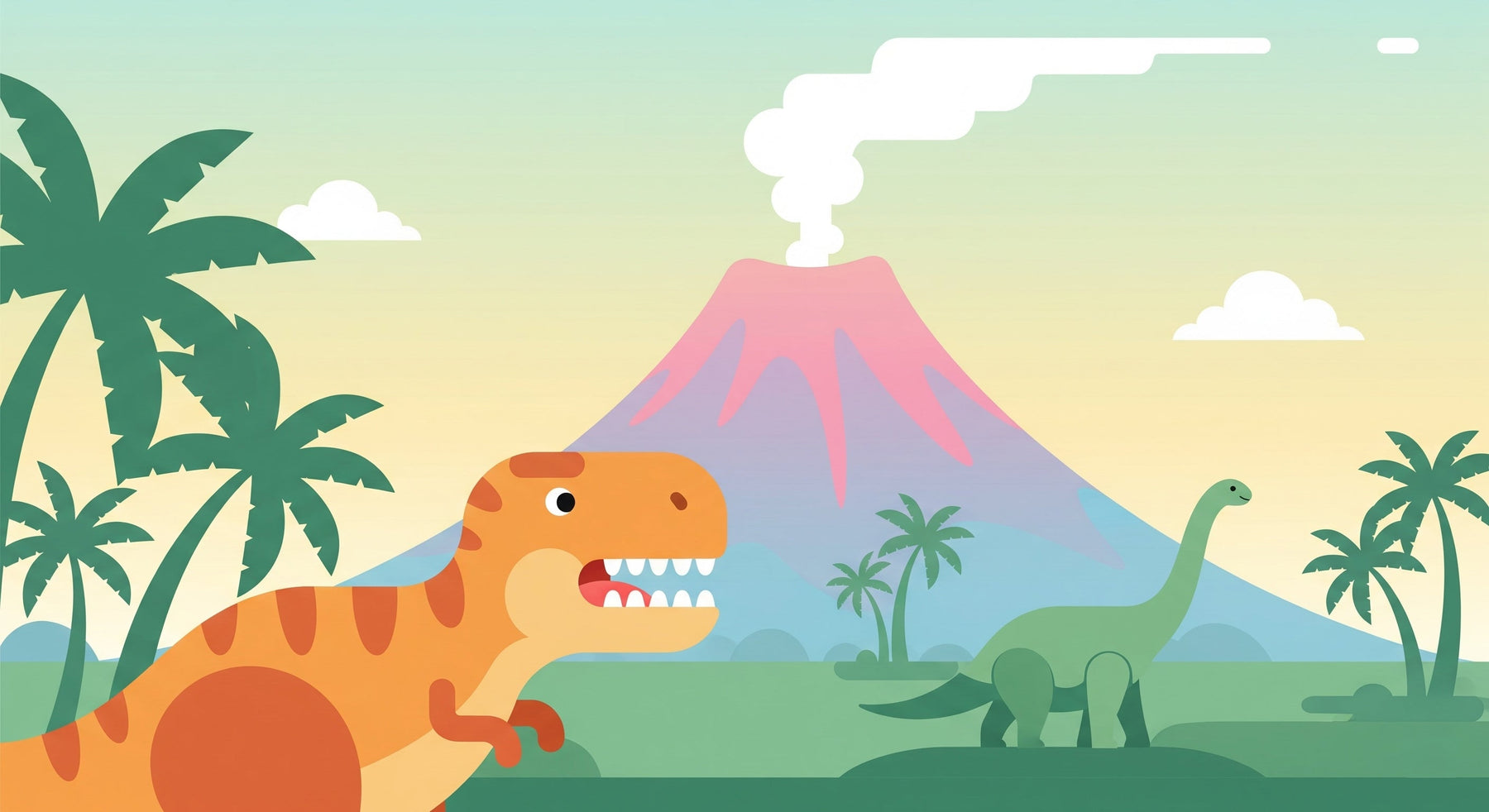 Detailed dinosaur volcano sunset mural wallpaper design pattern showing T-Rex and tropical landscape by Kids-Mundo