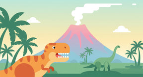 Detailed dinosaur volcano sunset mural wallpaper design pattern showing T-Rex and tropical landscape by Kids-Mundo