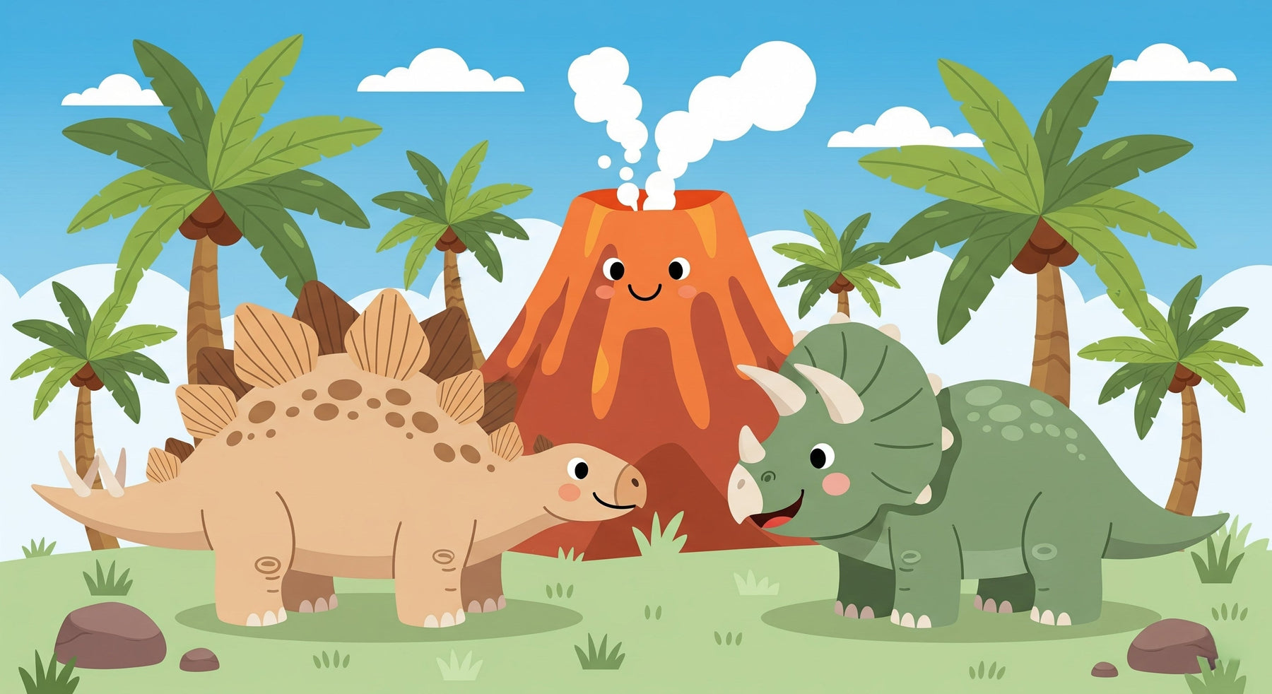 Detailed happy dinosaur and volcano mural wallpaper design pattern by Kids-Mundo