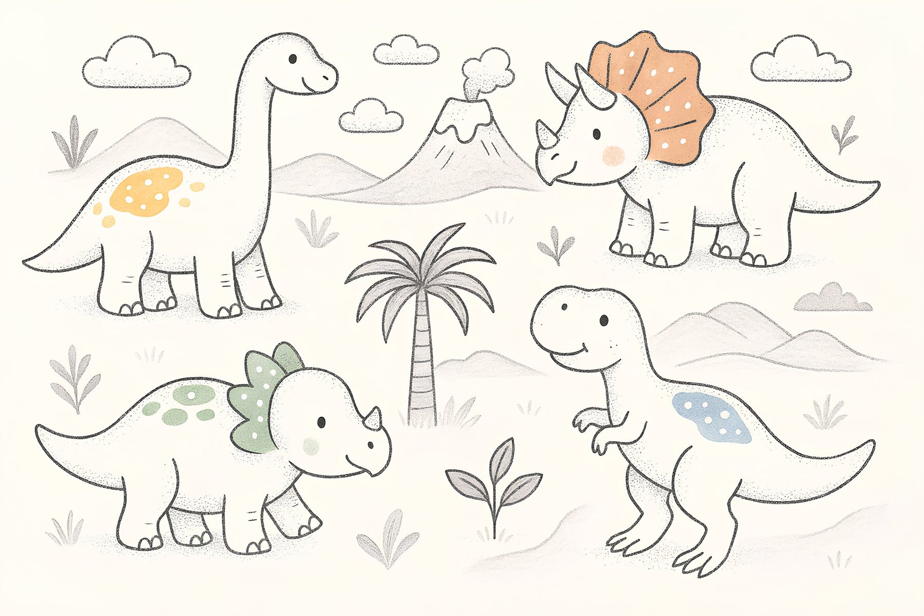 Detailed happy dinosaur mural wallpaper design pattern with prehistoric landscape by Kids-Mundo