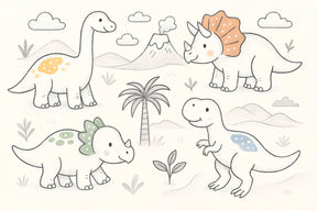 Detailed happy dinosaur mural wallpaper design pattern with prehistoric landscape by Kids-Mundo