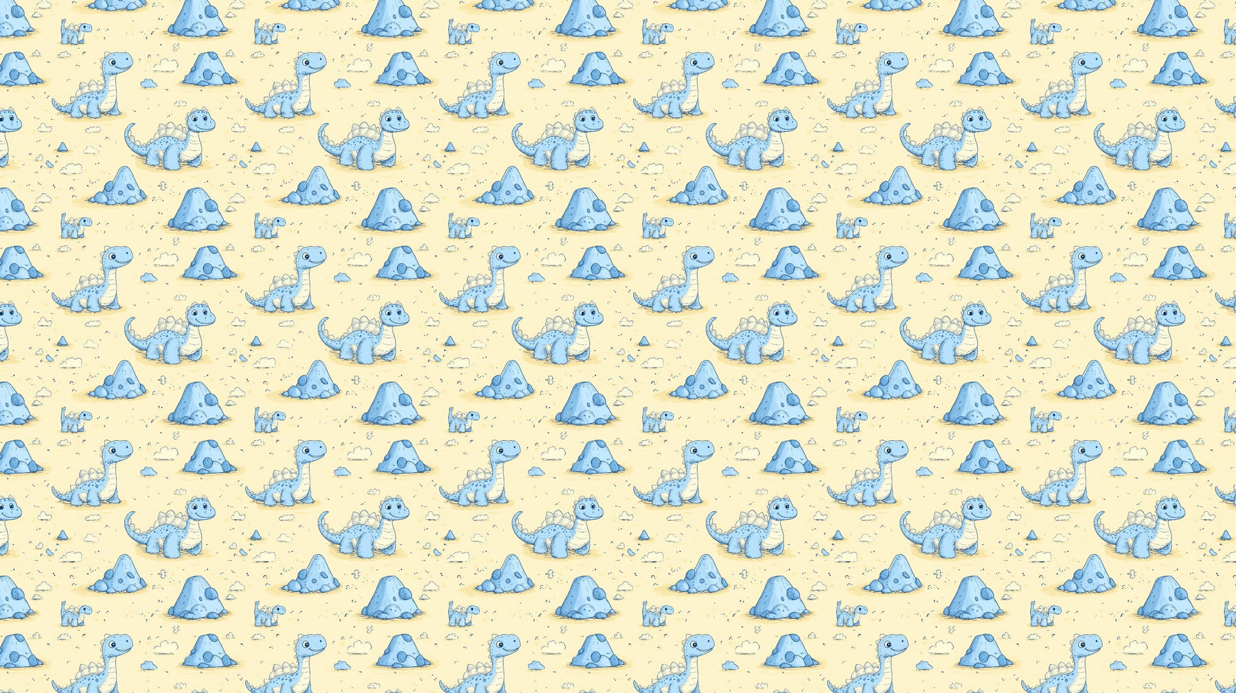 Detailed blue pastel dinosaur mural wallpaper design pattern with hills and clouds by Kids-Mundo