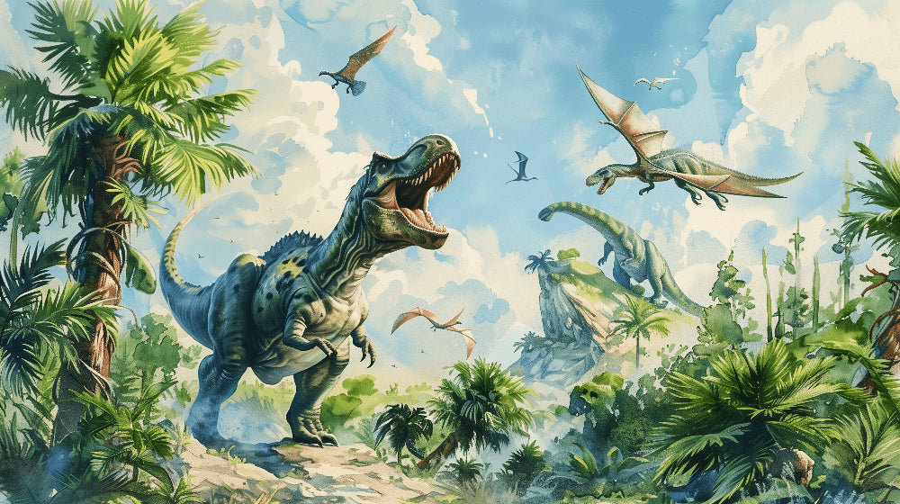 Detailed dinosaur mural wallpaper design pattern featuring T-Rex and pterodactyls by Kids-Mundo