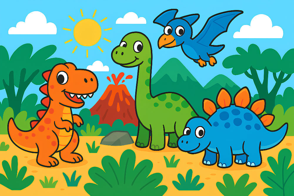 Detailed colorful dinosaur mural wallpaper design pattern with tropical landscape by Kids-Mundo
