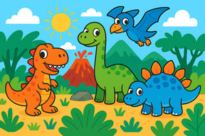 Detailed colorful dinosaur mural wallpaper design pattern with tropical landscape by Kids-Mundo