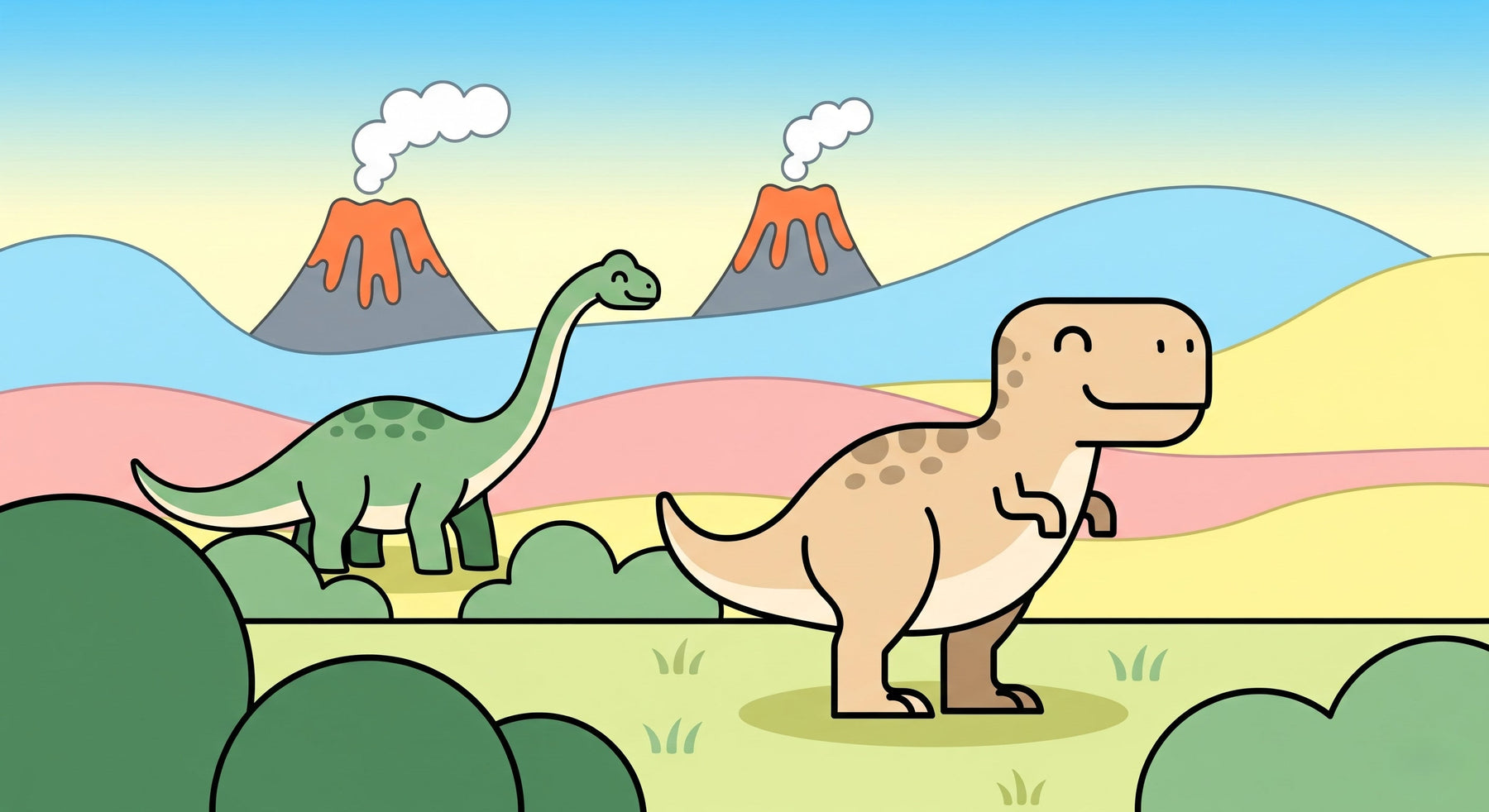 Detailed dinosaur mural wallpaper design pattern showing friendly T-Rex and Brachiosaurus by Kids-Mundo