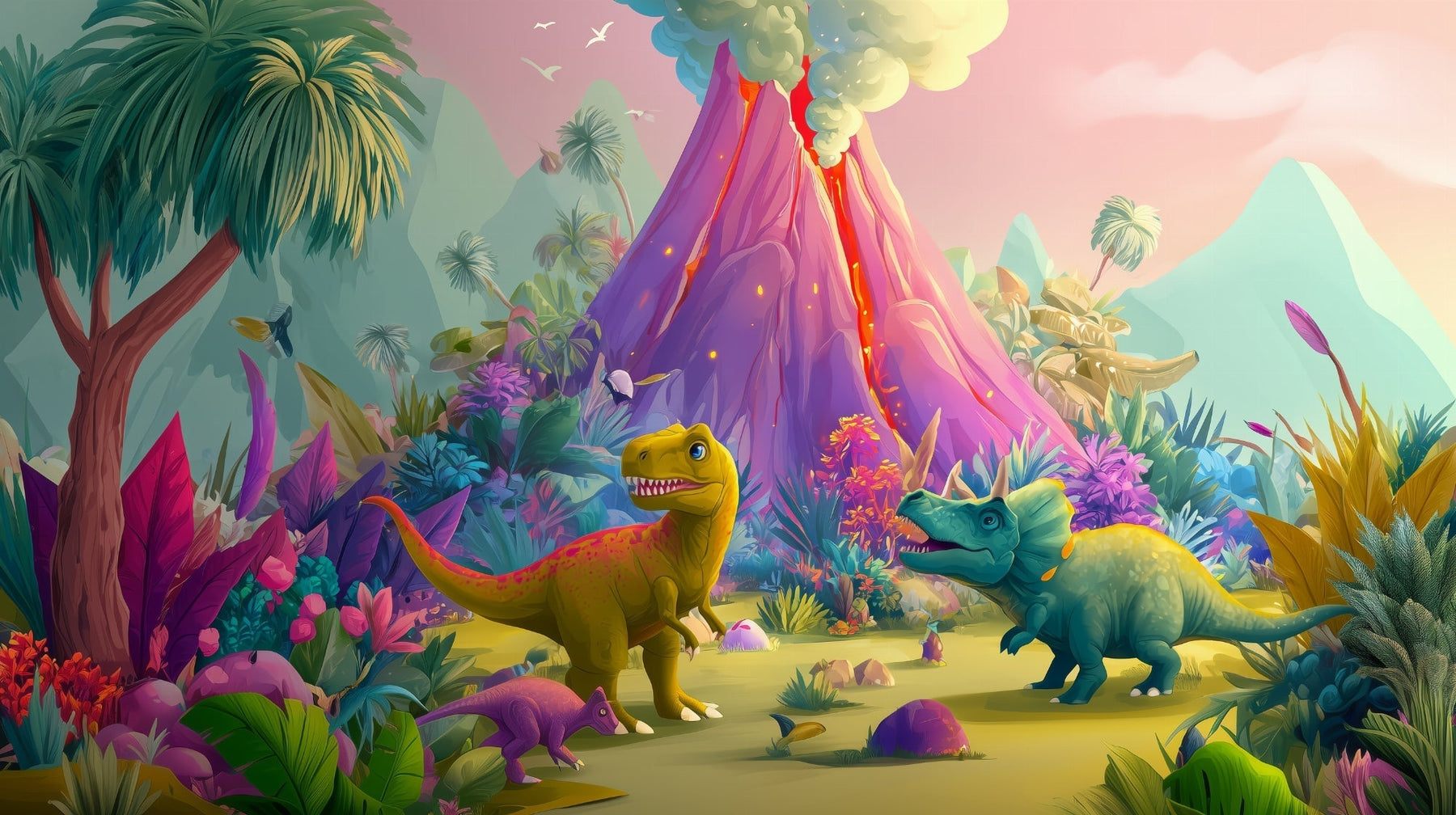 Detailed prehistoric dinosaur mural wallpaper design pattern with volcano and tropical vegetation by Kids-Mundo