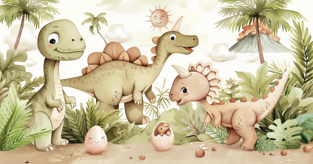 Detailed cute dinosaur jungle mural wallpaper design pattern by Kids-Mundo