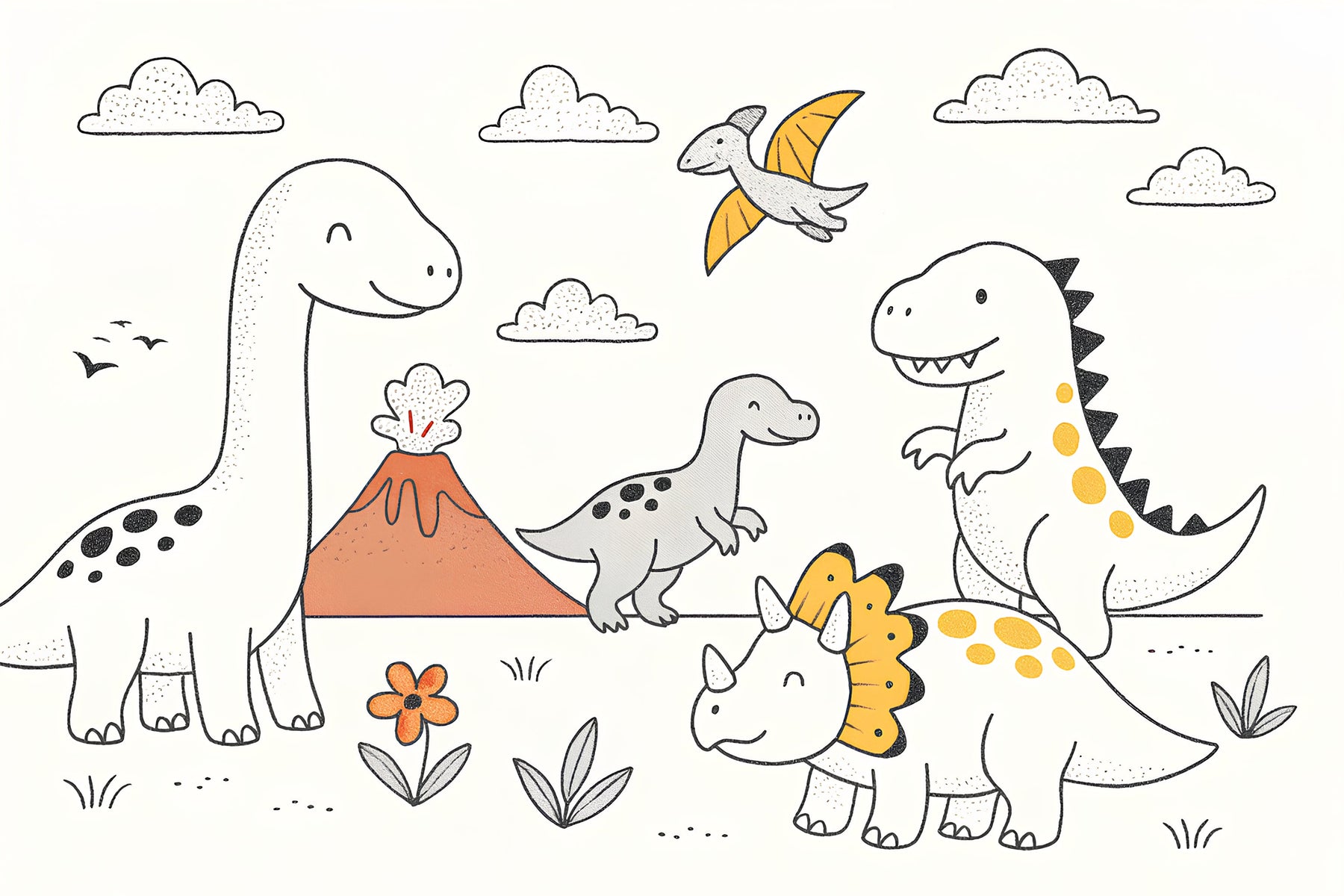 Detailed dinosaur mural wallpaper design pattern featuring brontosaurus, T-rex and volcano by Kids-Mundo