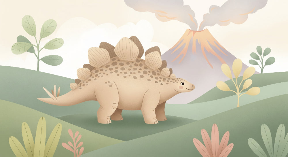Detailed cute dinosaur mural wallpaper design pattern with volcano and tropical plants by Kids-Mundo