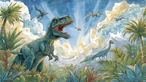 Detailed dinosaur mural wallpaper design pattern with T-Rex and jungle landscape by Kids-Mundo