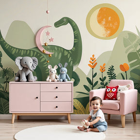 Peaceful Diplodocus dinosaur mural wallpaper in modern kids nursery by Kids-Mundo