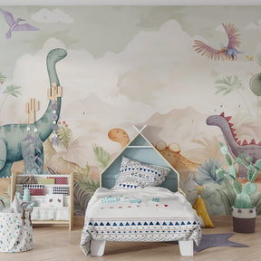 Colorful dinosaur wallpaper creating playful children's bedroom decor with exotic landscape