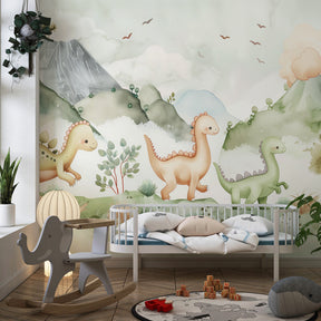Pastel dinosaur wallpaper creating magical prehistoric bedroom decor for children