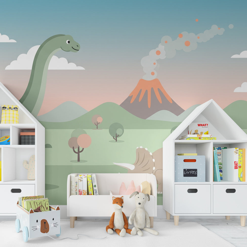 Prehistoric adventure wallpaper creating educational kids bedroom decor with gentle dinosaurs
