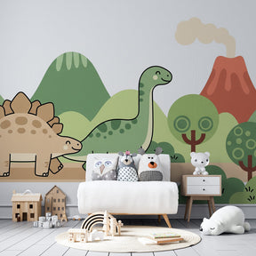 Prehistoric dinosaur wallpaper creating magical children's bedroom decor with gentle colors