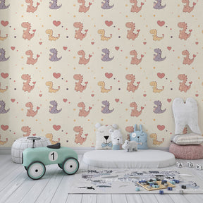 Colorful dinosaur mural wallpaper creating playful children's bedroom decor