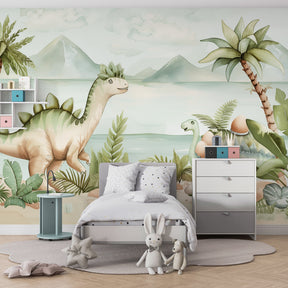 Happy dinosaur wallpaper transforming children's bedroom with prehistoric adventure theme
