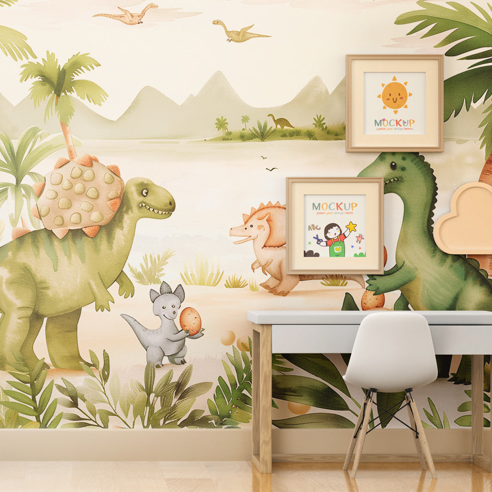 Green jungle dinosaur wallpaper transforming children's bedroom into adventurous prehistoric world