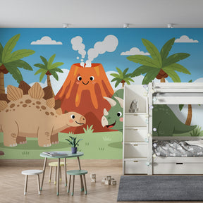 Cheerful volcano and dinosaur wallpaper creating adventurous children's bedroom decor