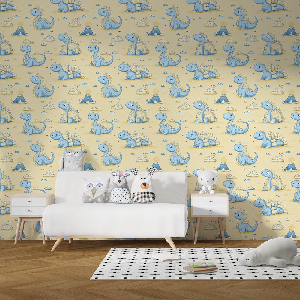 Gentle dinosaur wallpaper creating whimsical children's bedroom with soft pastel colors