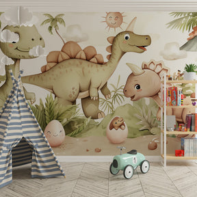 Prehistoric jungle dinosaur wallpaper creating adventure theme in children's bedroom