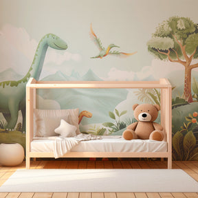 Friendly dinosaur wallpaper transforming children's bedroom with gentle prehistoric theme