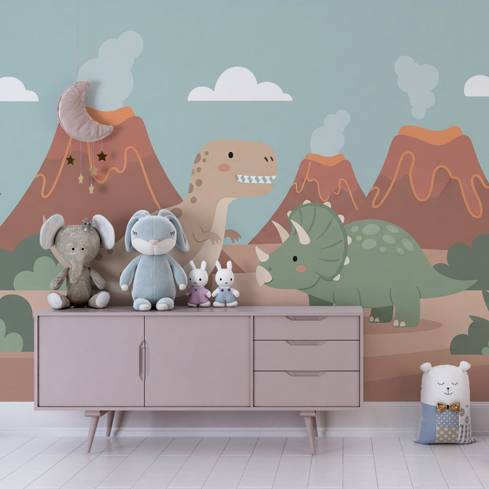 Volcanic landscape dinosaur wallpaper transforming kids playroom into prehistoric world